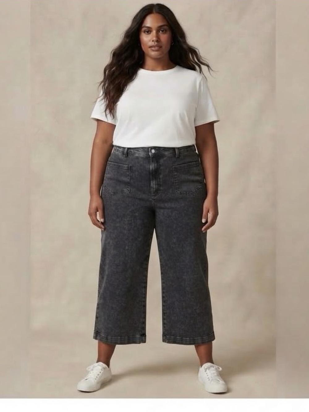Lands End Women's Plus Soft Denim High Rise Wide Leg Patch Pocket Crop Jeans